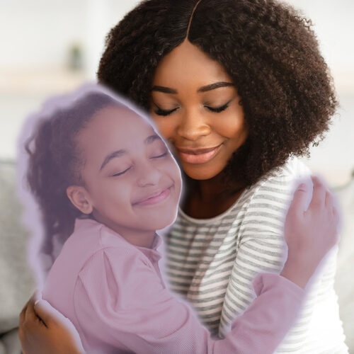 Woman hugging a younger version of herself bathed in purple light.